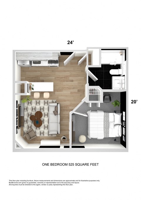 Floor plan for 1 bed, 1 bath, 525 sqft
